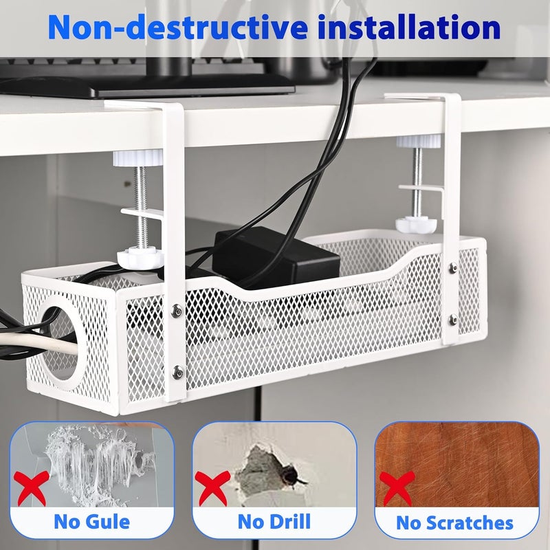 QUELIEN Under Desk Cable Management Tray Small – Clamp-Mounted Wire Organizer & Cord Management Under Desk Holder, No-Drill Metal Cable Tray for Home Office (White) - Image 3